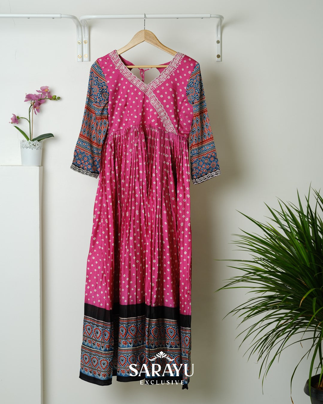 Pink Bandhini printed Pure Gaji Silk Longfrock